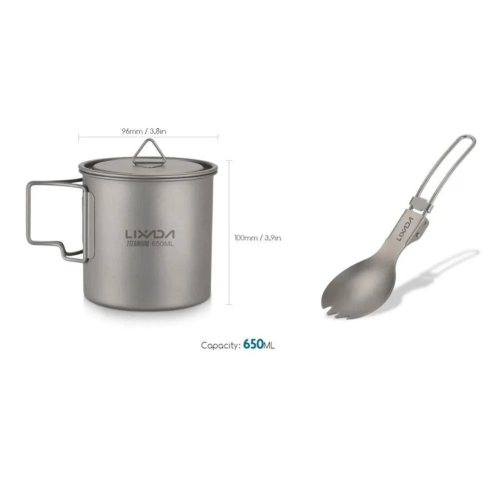 Lixada Titanium Mug Cup Pot + Folding Spoon 300/350/550/650ml Outdoor Camping Tableware Picnic Water Cup Mug with Lid Handle-WAYBIKER
