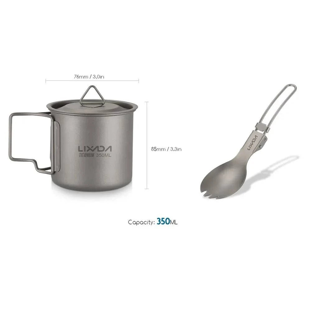 Lixada Titanium Mug Cup Pot + Folding Spoon 300/350/550/650ml Outdoor Camping Tableware Picnic Water Cup Mug with Lid Handle-WAYBIKER