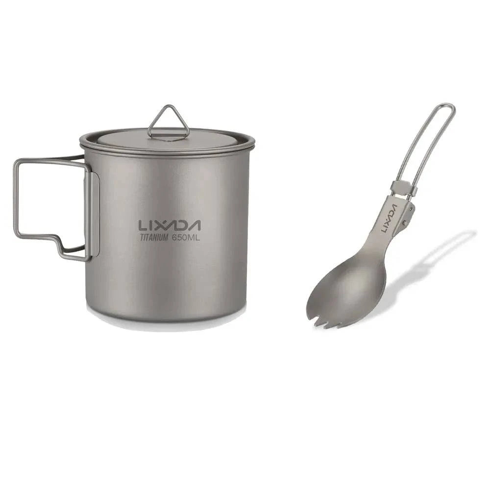 Lixada Titanium Mug Cup Pot + Folding Spoon 300/350/550/650ml Outdoor Camping Tableware Picnic Water Cup Mug with Lid Handle-WAYBIKER