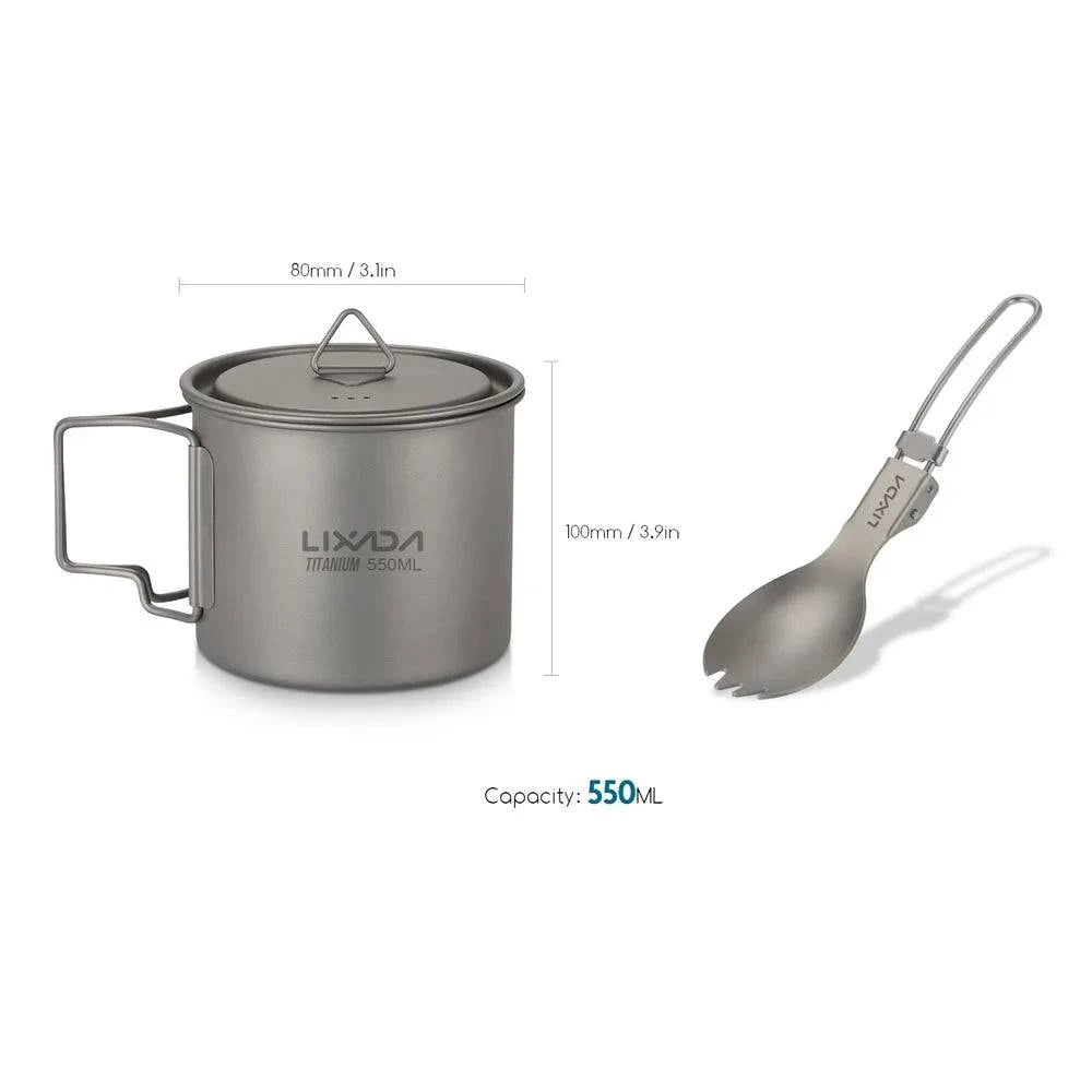 Lixada Titanium Mug Cup Pot + Folding Spoon 300/350/550/650ml Outdoor Camping Tableware Picnic Water Cup Mug with Lid Handle-WAYBIKER