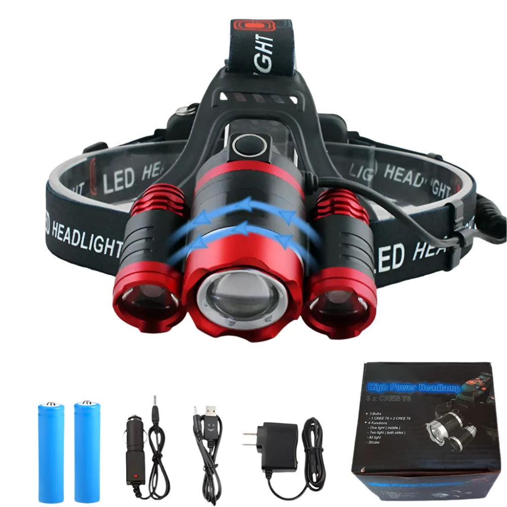 Super Bright LED Headlight 3*T6 Zoom LED Headlamp Flashlight Torch Head Lights Lamp-WAYBIKER