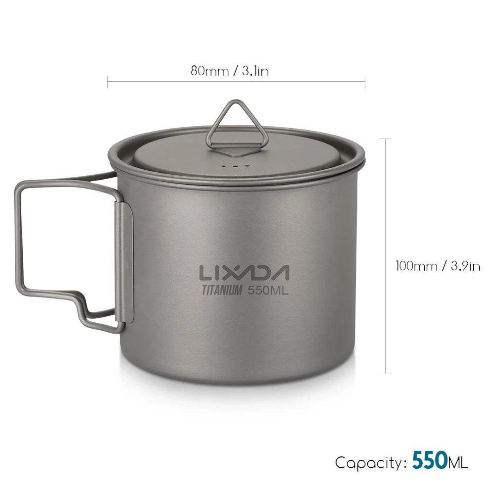 Lixada Titanium Mug Cup Pot + Folding Spoon 300/350/550/650ml Outdoor Camping Tableware Picnic Water Cup Mug with Lid Handle-WAYBIKER