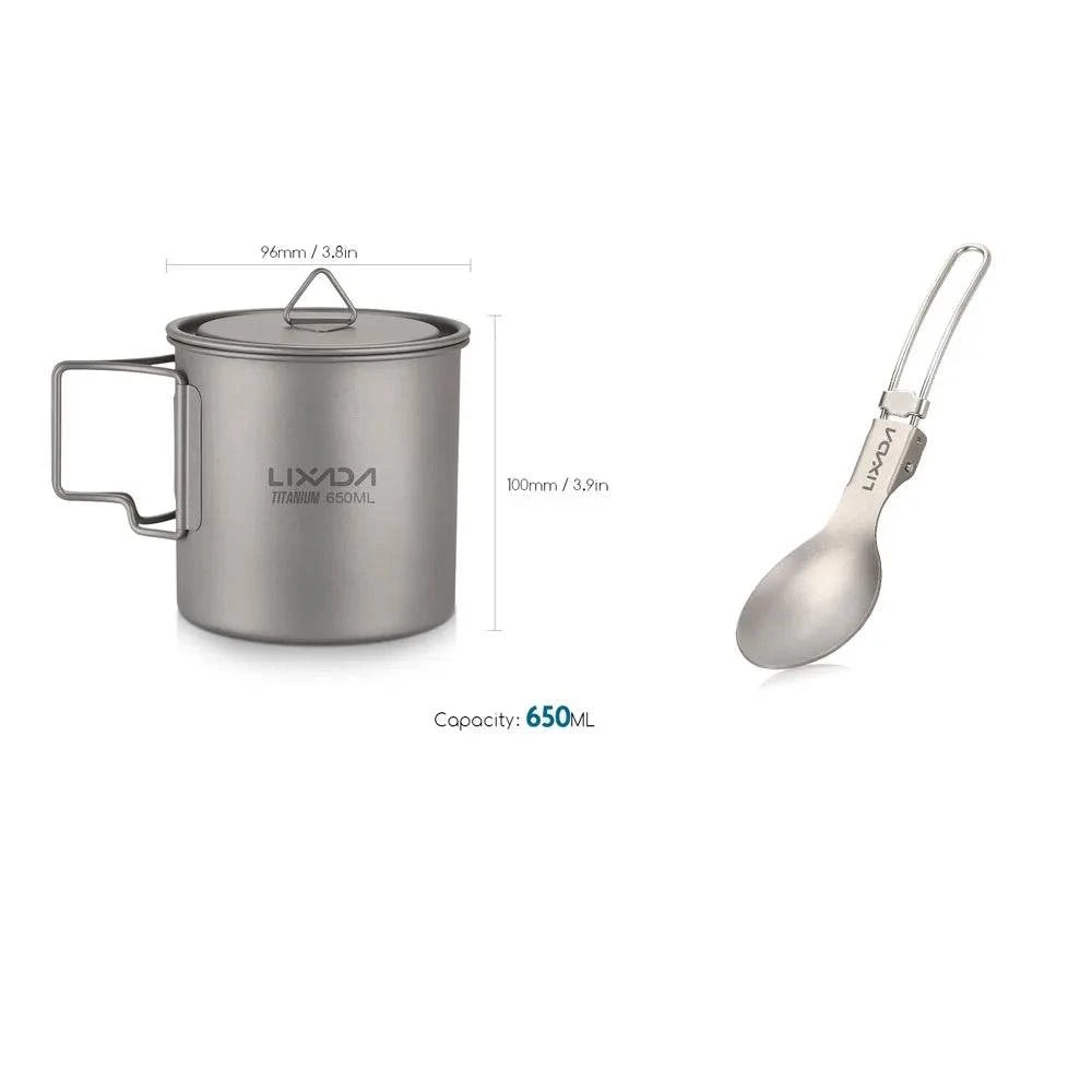 Lixada Titanium Mug Cup Pot + Folding Spoon 300/350/550/650ml Outdoor Camping Tableware Picnic Water Cup Mug with Lid Handle-WAYBIKER