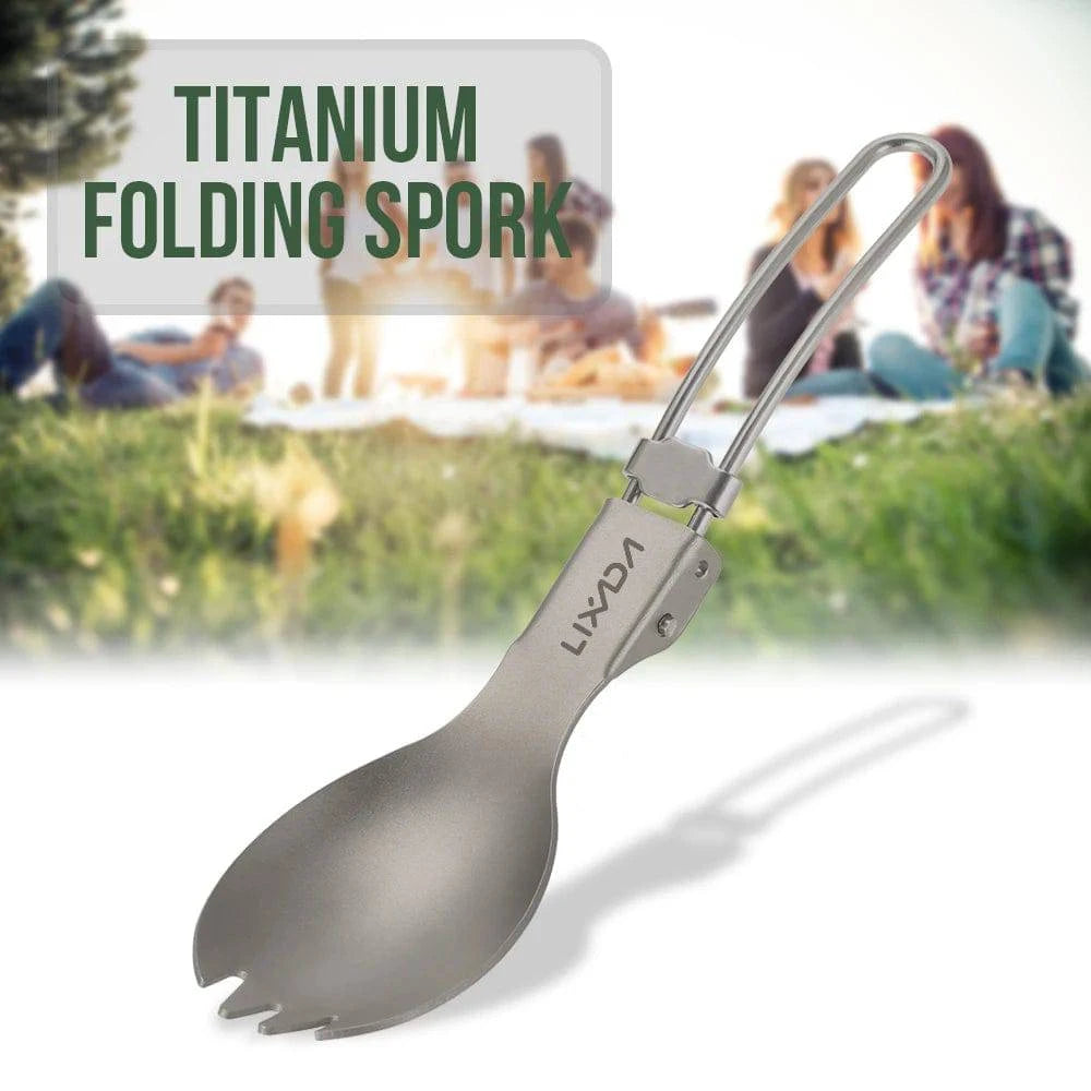 Lixada Folding Titanium Spoon Fork Lightweight Outdoor Titanium Tableware Dinner Spork Flatware Camping Cookware Travel Picnic-WAYBIKER