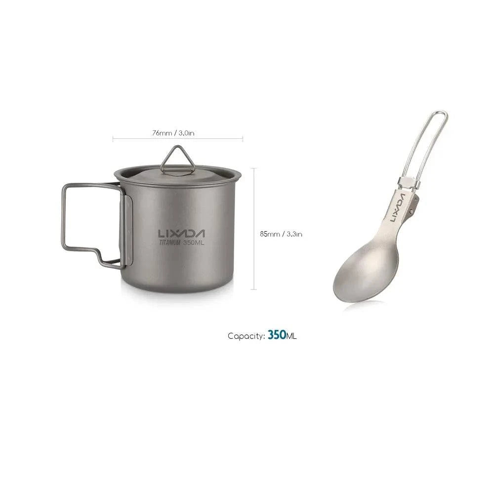 Lixada Titanium Mug Cup Pot + Folding Spoon 300/350/550/650ml Outdoor Camping Tableware Picnic Water Cup Mug with Lid Handle-WAYBIKER