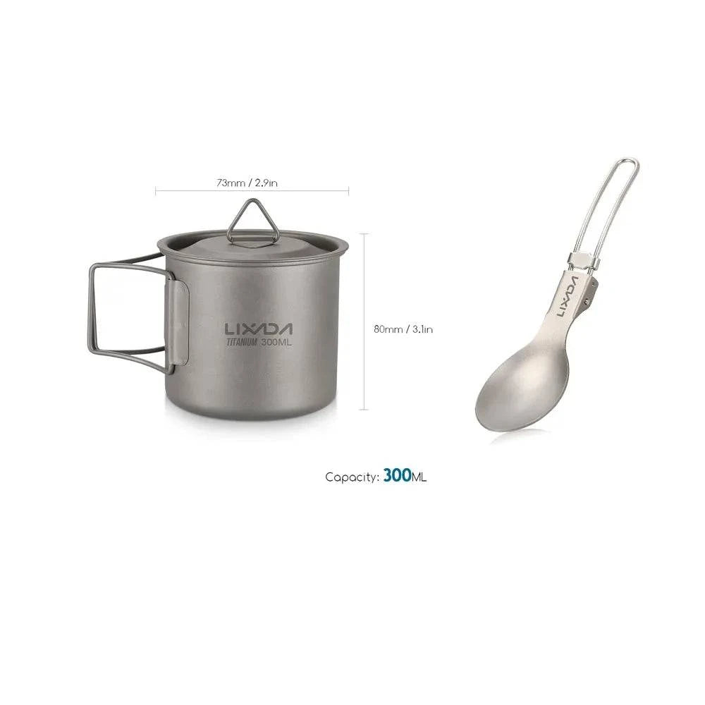 Lixada Titanium Mug Cup Pot + Folding Spoon 300/350/550/650ml Outdoor Camping Tableware Picnic Water Cup Mug with Lid Handle-WAYBIKER