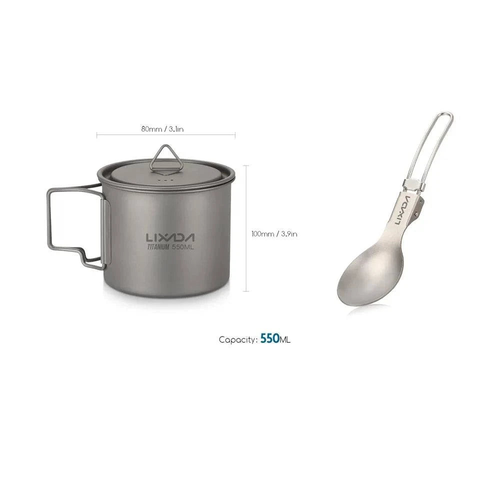 Lixada Titanium Mug Cup Pot + Folding Spoon 300/350/550/650ml Outdoor Camping Tableware Picnic Water Cup Mug with Lid Handle-WAYBIKER