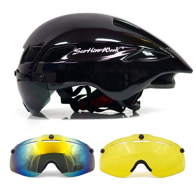 New Bicycle Helmet With Glasses 4 Lens Colors Ultralight MTB Road Bike Helmet 57-61cm Adults Goggleses Casco Ciclismo Black Blue-WAYBIKER