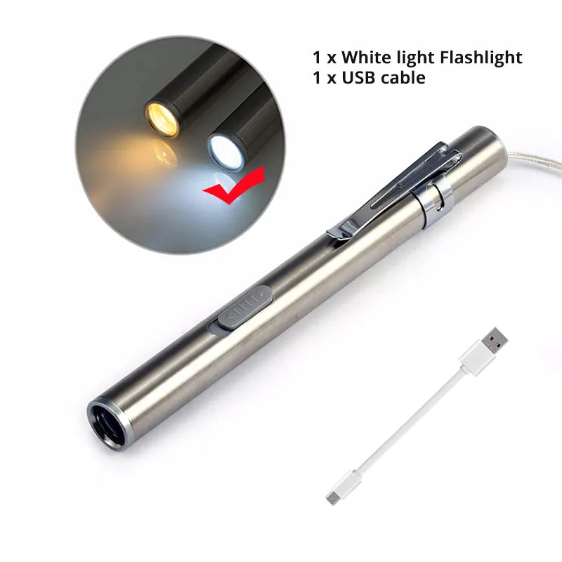 Rechargeable LED Flashlight Pen light MINI Torch Cool white + warm white light With USB charging cable Used for camping, doctors-WAYBIKER
