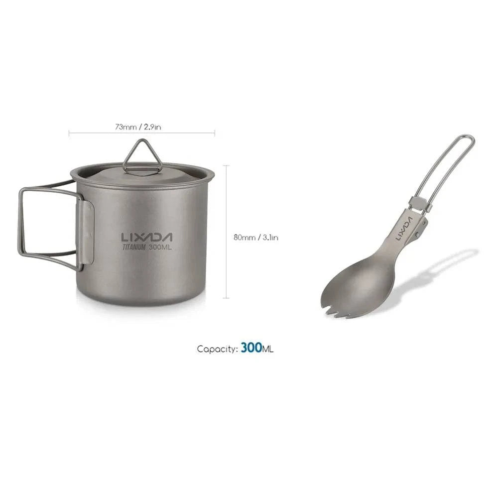 Lixada Titanium Mug Cup Pot + Folding Spoon 300/350/550/650ml Outdoor Camping Tableware Picnic Water Cup Mug with Lid Handle-WAYBIKER