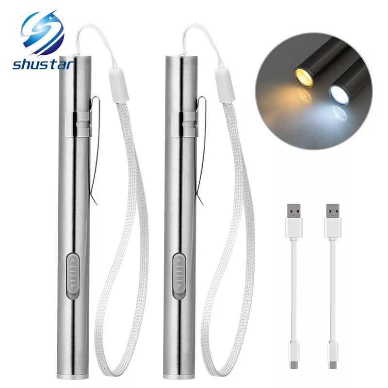 Rechargeable LED Flashlight Pen light MINI Torch Cool white + warm white light With USB charging cable Used for camping, doctors-WAYBIKER