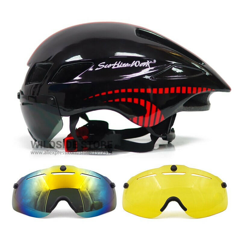 New Bicycle Helmet With Glasses 4 Lens Colors Ultralight MTB Road Bike Helmet 57-61cm Adults Goggleses Casco Ciclismo Black Blue-WAYBIKER
