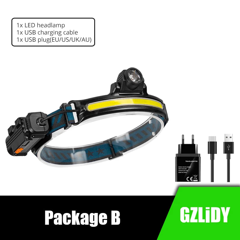 IR Sensor COB Headlamp Powerful USB Lantern Lamp Waterproof LED Headlight Fishing Head Torch 6 Modes 2000mAh 18650 Flashlight-WAYBIKER