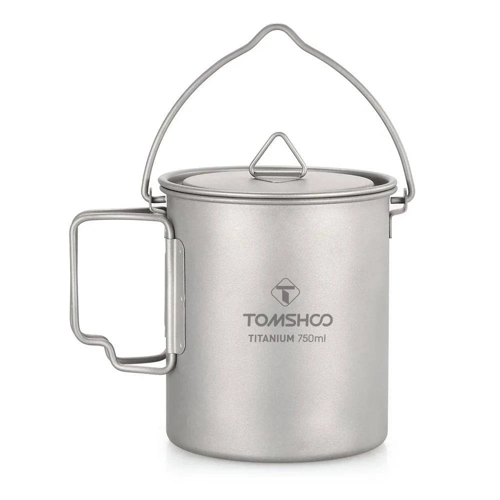 TOMSHOO 750ml Titanium Pot Titanium Water Mug Cup with Lid and Foldable Handle Outdoor Camping Pot Cooking Pots Picnic Hang Pot-WAYBIKER
