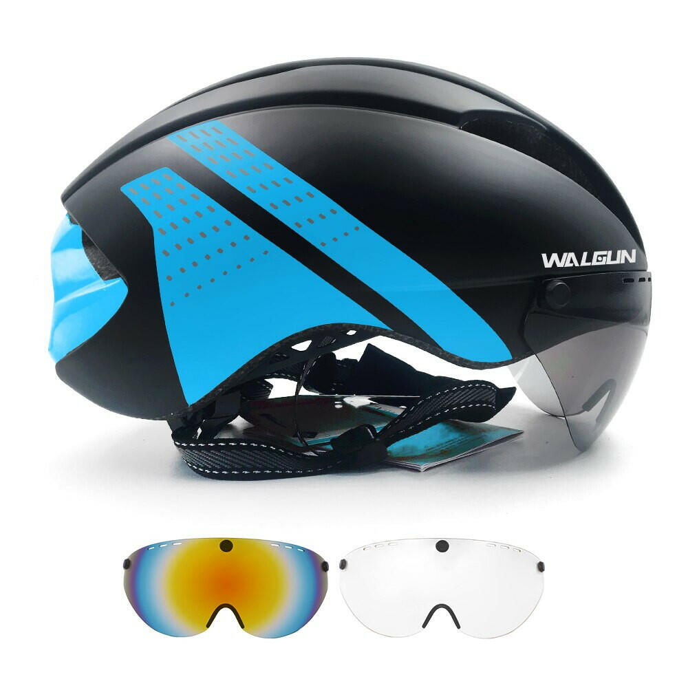 adult mens blue bike helmet WALGUN Aero Cycling Helmet Road Bike Helmet Adults Lens Goggles Visor