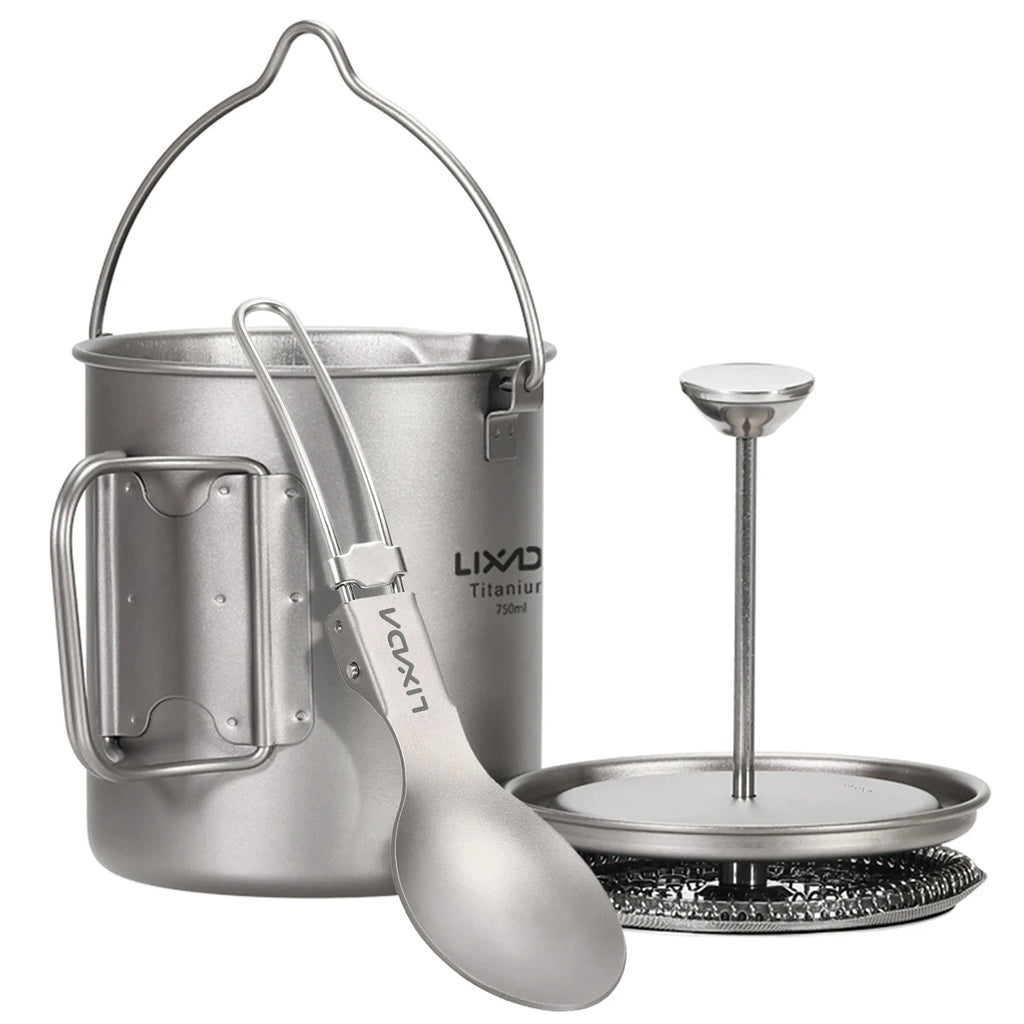 Lixada 750ml Titanium Coffee Cup Mug French Press Pot Coffee Maker Outdoor Camping Cooking Pot With Folding Titanium Spoon 2022-WAYBIKER
