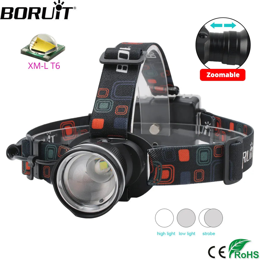 BORUiT RJ-2166 Zoom Headlamp LED Powerful Headlight Waterproof Head Torch Camping Hunting Flashlight Use AA Battery-WAYBIKER