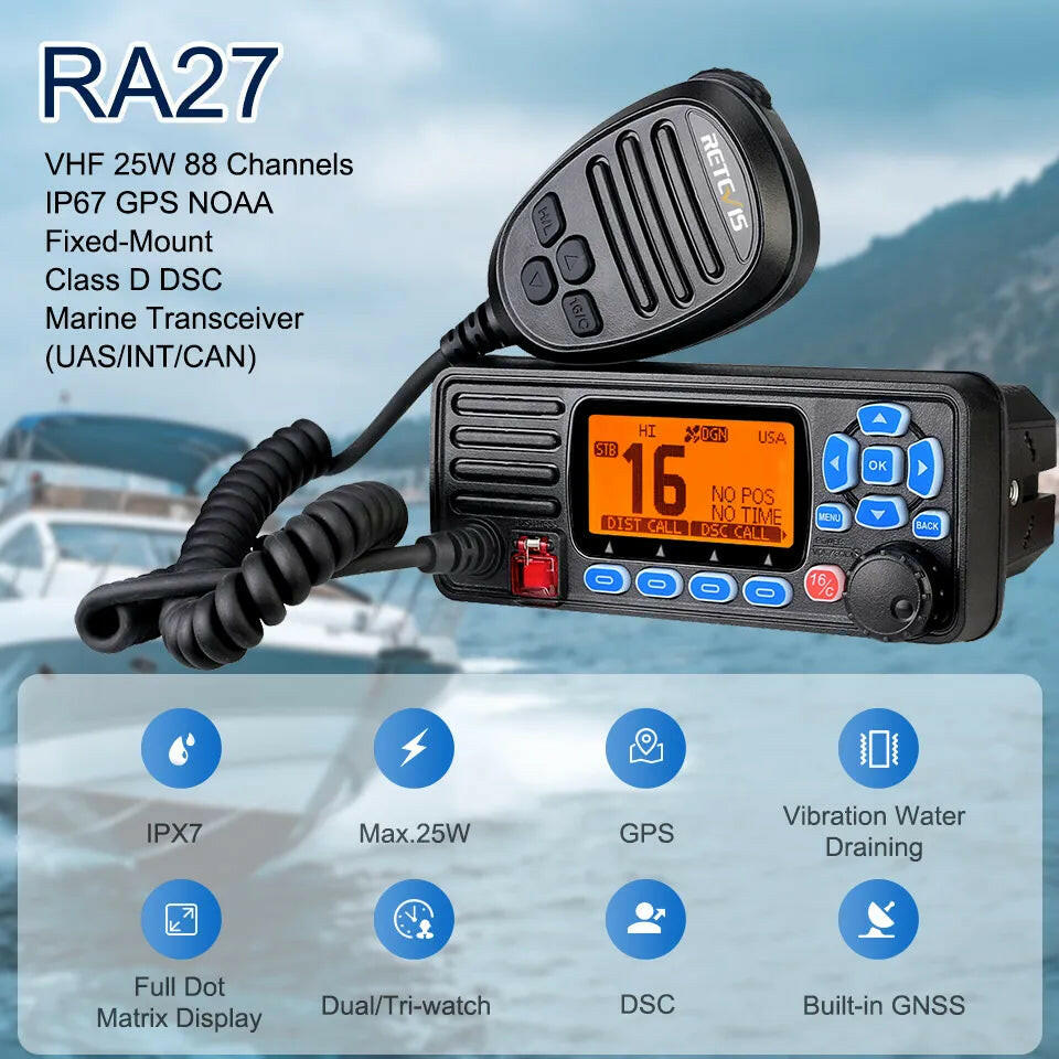 Retevis RA27 VHF Marine Radio Transceiver 25W IP67 Waterproof GPS NOAA Fixed-Mount Class D DSC Marine Transceiver (USA/INT/CAN)-WAYBIKER