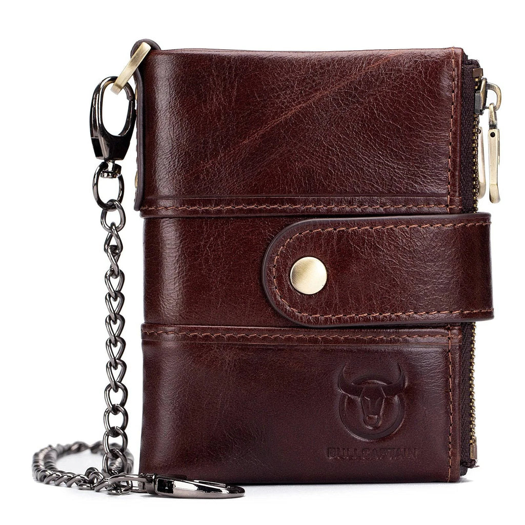 BULLCAPTAIN Durable Men Vintage Cow Leather Wallet Card Holder Foldable Wallet Purse with Chain Black / Coffee / Brown 2021-WAYBIKER