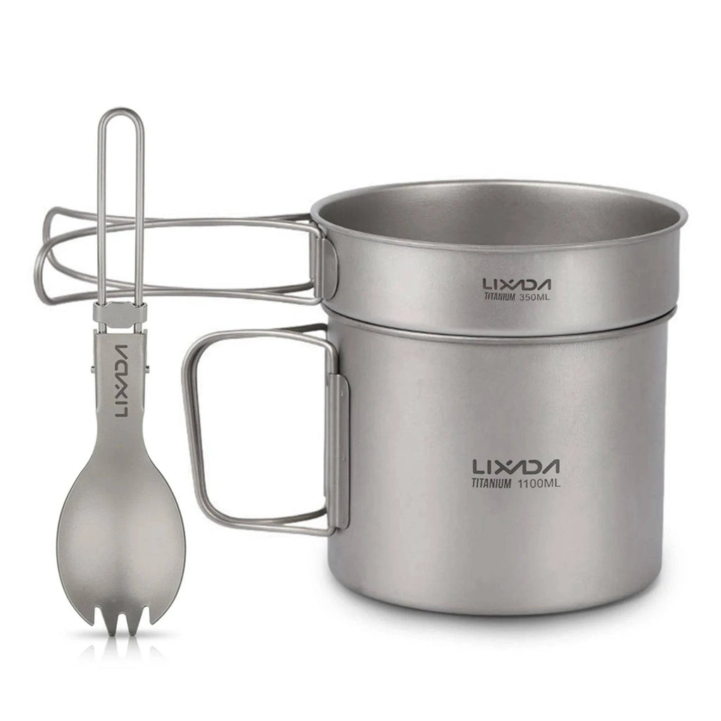 Lixada Ultralight Titanium Cookset Outdoor Camping Cookware Set 900ml/1100ml Pot 350ml Fry Pan with Folding Spork for for Travel-WAYBIKER