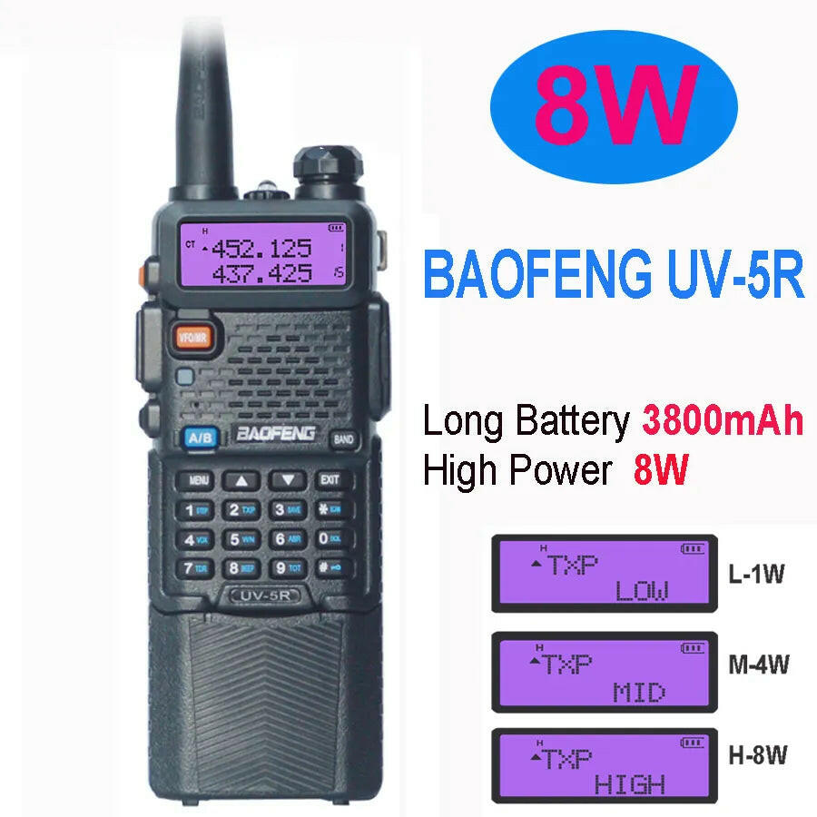 Baofeng UV 5R 3800mah Big Battery 8W Walkie Talkie 10KM UV5R CB Radio Receiver Station Two-way Walkie-talkies PowerfulUV-5R-WAYBIKER