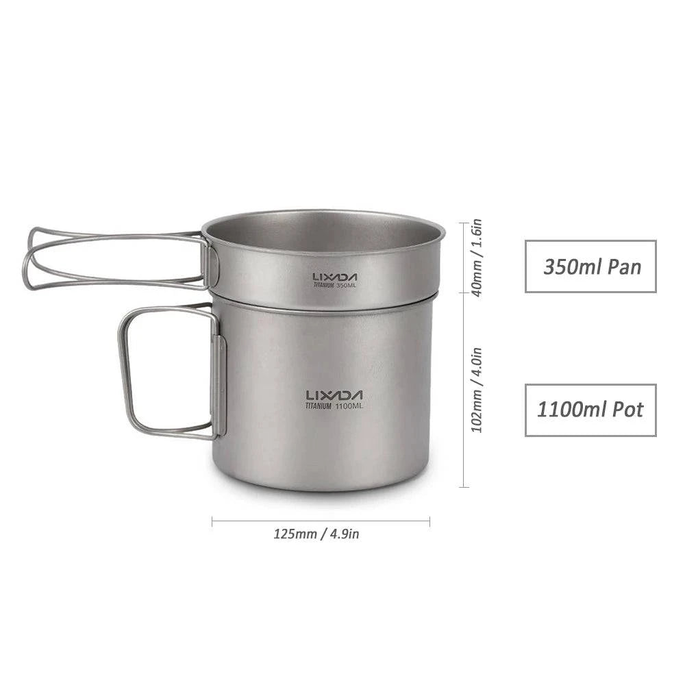 Lixada Ultralight Titanium Cookset Outdoor Camping Cookware Set 900ml/1100ml Pot 350ml Fry Pan with Folding Spork for for Travel-WAYBIKER