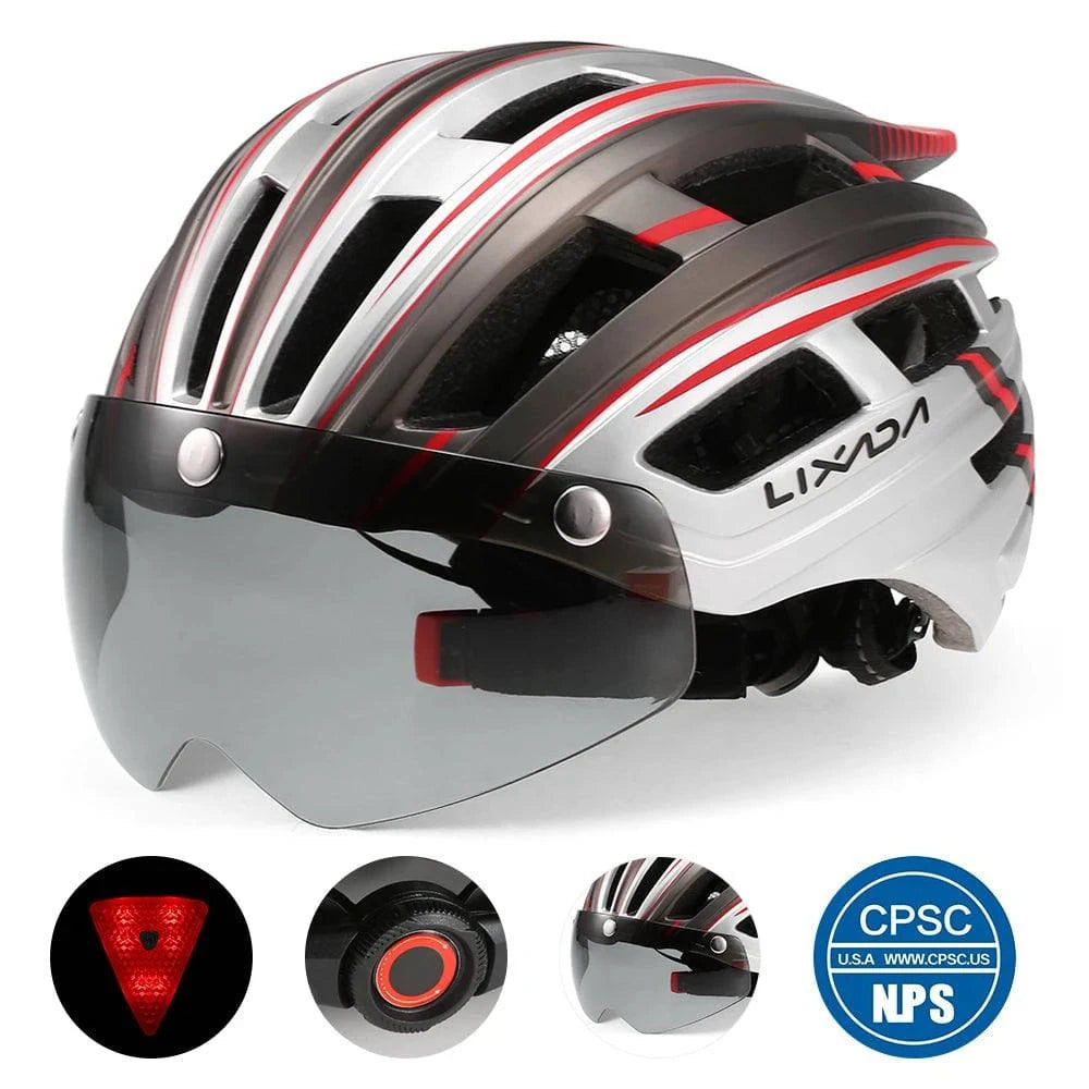 Lixada Bicycle Helmet LED Moutain Road USB Rechargeable Light Cycling Helmet For Man Sun Visor Goggles Men MTB Bike Headgear-WAYBIKER