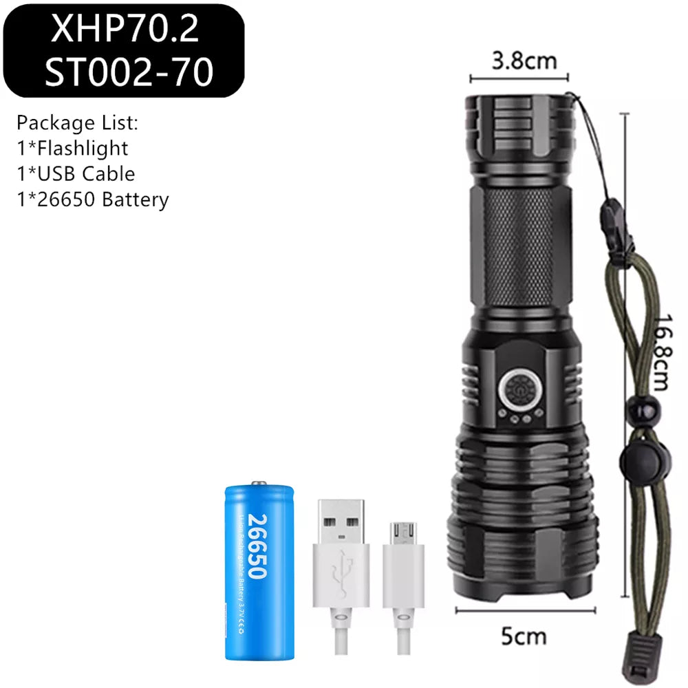 Ultra Powerful LED Flashlight USB Rechargeable Zoomable Torch XHP50 XHP70 XHP70.2 Hand Lamp 26650 18650 Battery Flash Light-WAYBIKER