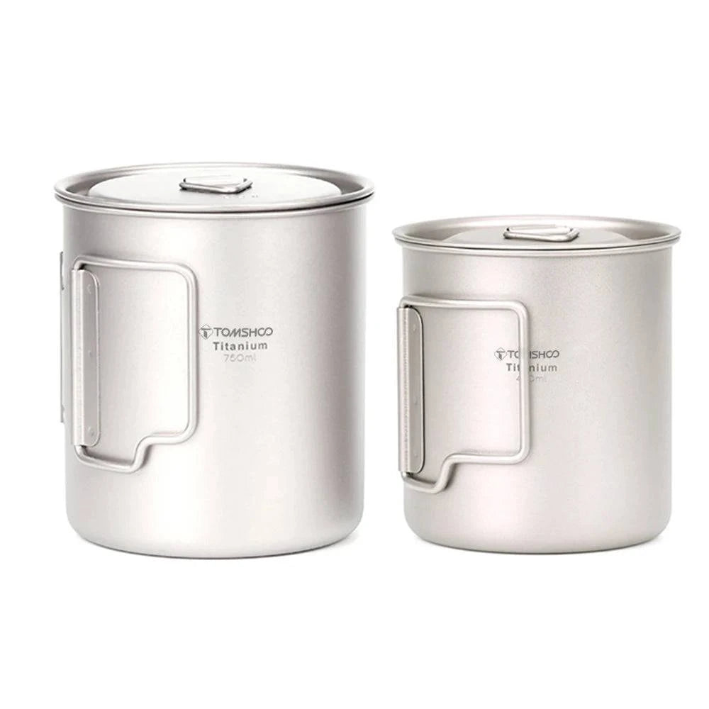 TOMSHOO Outdoor Portable Cup Set Ultralight Titanium Cup Picnic Water Mug with Foldable Handle Camping Supplies Tableware 2022-WAYBIKER