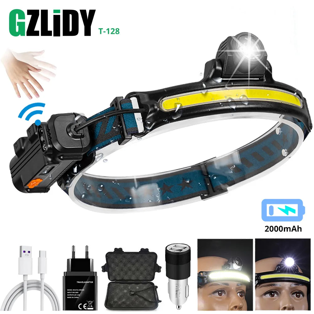 IR Sensor COB Headlamp Powerful USB Lantern Lamp Waterproof LED Headlight Fishing Head Torch 6 Modes 2000mAh 18650 Flashlight-WAYBIKER