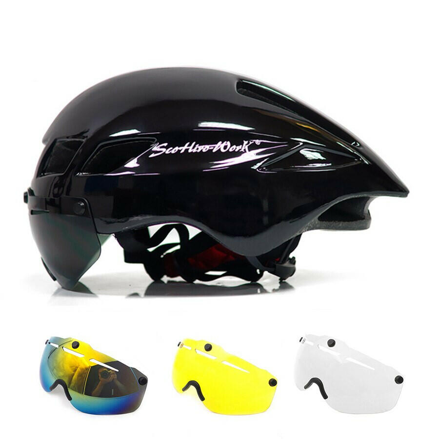 New Bicycle Helmet With Glasses 4 Lens Colors Ultralight MTB Road Bike Helmet 57-61cm Adults Goggleses Casco Ciclismo Black Blue-WAYBIKER