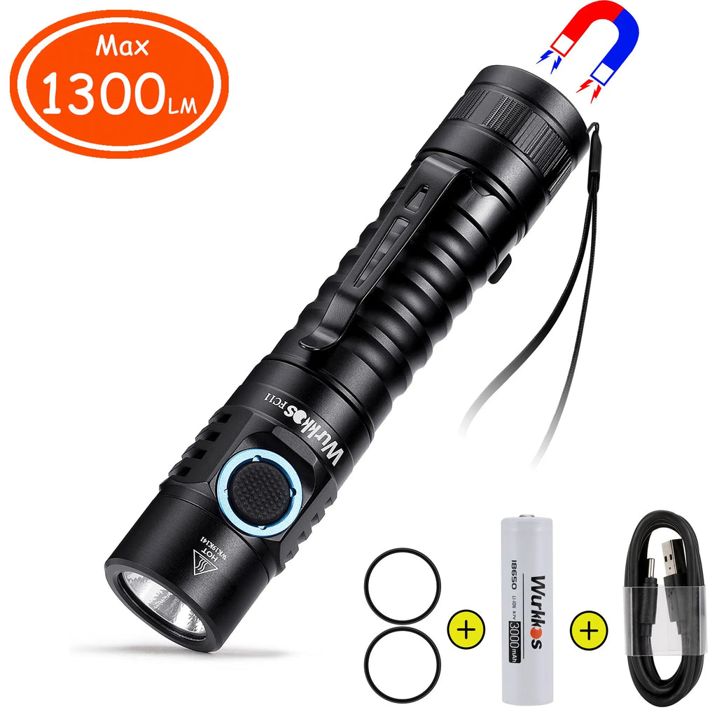 Wurkkos FC11 USB C Rechargeable 18650 LED Flashlight 1300LM LH351D 5000K 90 CRI with Magnetic Tail 2 Groups-WAYBIKER