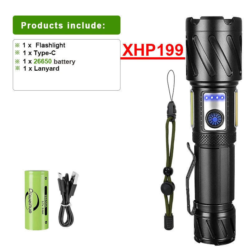 Newest XHP199 LED Powerful Flashlight USB Rechargeable Tactical Flash Light 18650 Hunting Torch Zoomable High Power LED Lantern-WAYBIKER