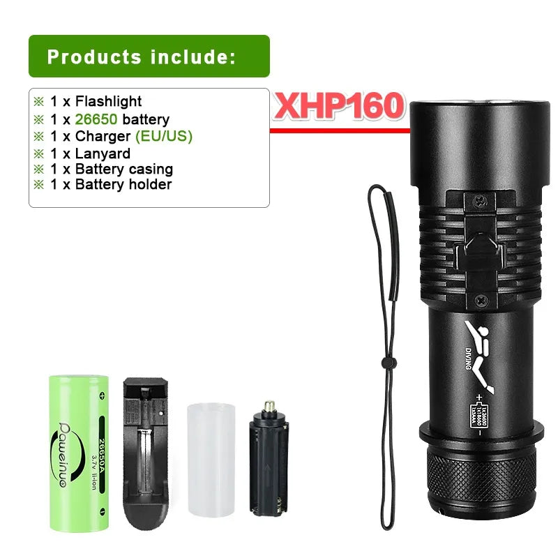 Professional Diving Flashlight Rechargeable XHP160 Diving Torch 1000m Underwater Lantern IPX8 Waterproof Flashlights-WAYBIKER