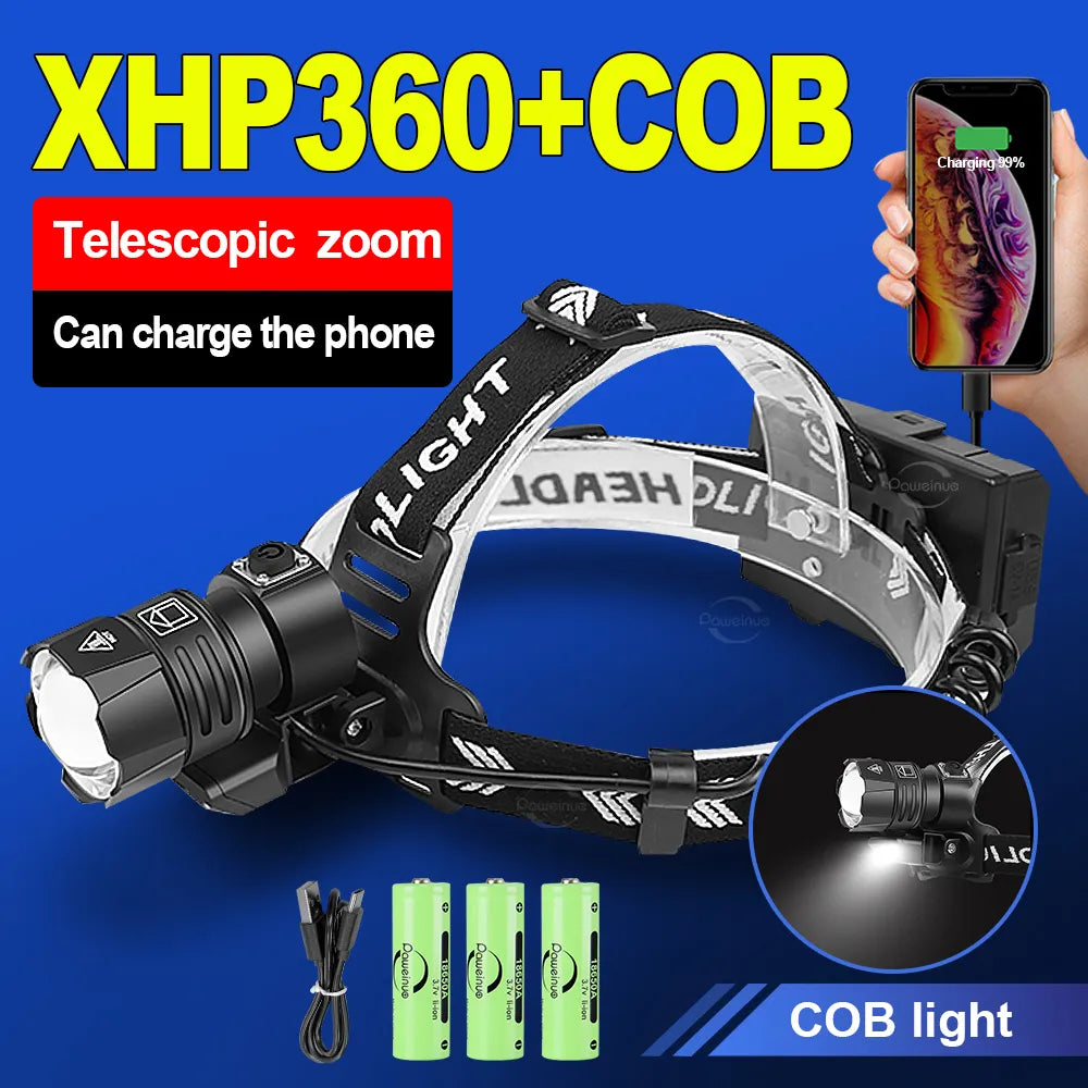 Ultra XHP360 Powerful Headlamp 18650 USB Rechargeable LED Head Lamp High Power Headlight IPX6 Waterproof Fishing Head Flashlight-WAYBIKER