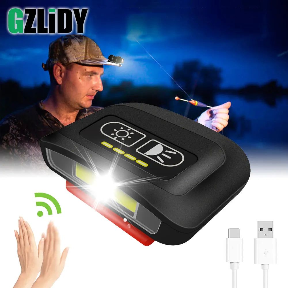 Mini LED Headlamp COB Hat Clip Light Motion Sensor Fishing Lantern USB Rechargeable Floodlight Waterproof Headlight Flashlight-WAYBIKER