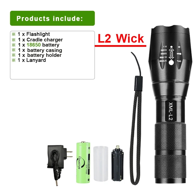 Super Bright XM-L2 LED Flashlight 18650 Rechargeable Torch Most Powerful Flash Light 2000 Lumen High Power Lantern Camping Lamp-WAYBIKER