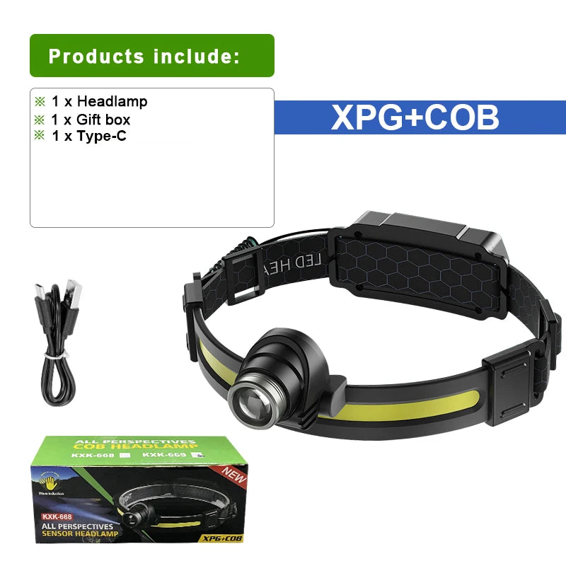 2023 Newest XPG+COB Ultra Powerful Led Headlamp Type-c USB Rechargeable Head Lantern Outdoor Tactical Flashlight Fishing Camping
