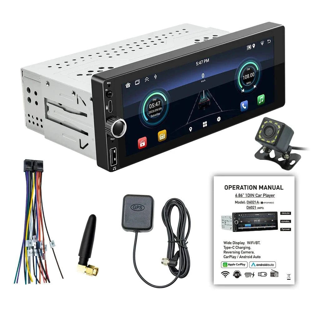Car Stereo Single-Din GPS Navigation with 6.86 Inch Touchscreen Carplay Android Auto Support WiFi/BT with Rear Camera-WAYBIKER