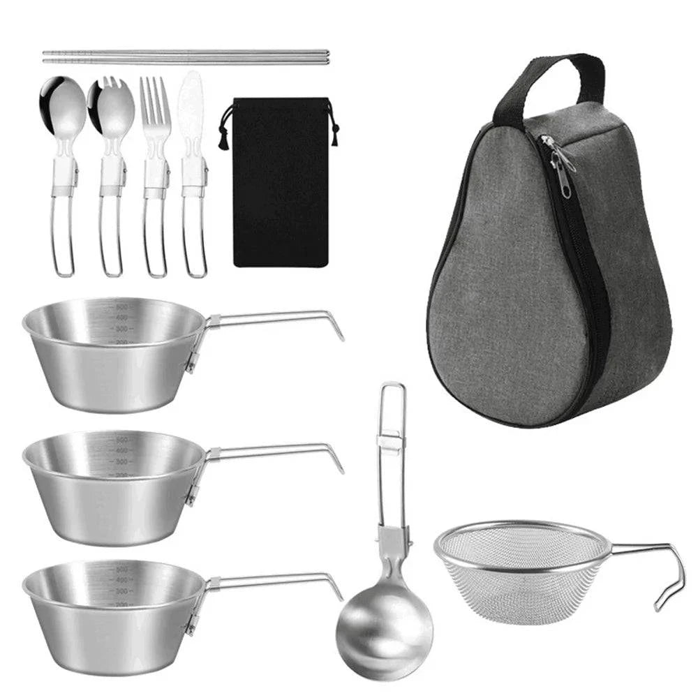 Outdoor Cookware Set 500ml Stainless Steel Camping Bowl with Strainer Ladle Soup Spoon Flatware-WAYBIKER