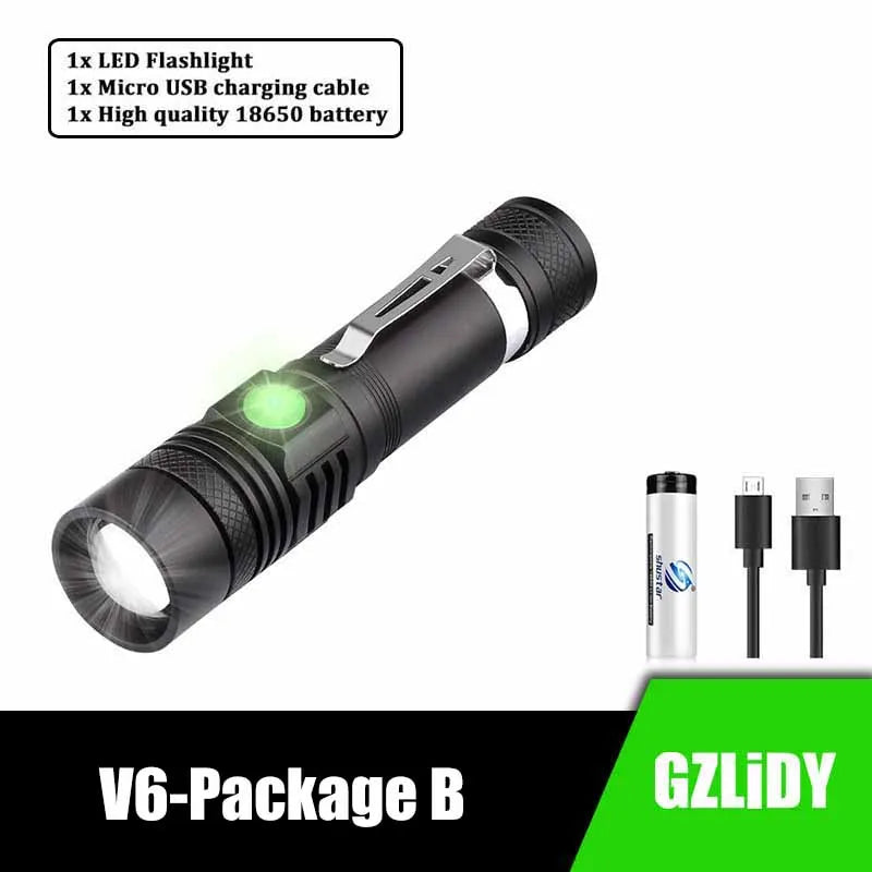 USB Rechargeable LED Flashlight Super Bright V6 Tactical Torch 4 Lighting Modes Zoomable Lamp Waterproof 18650 Camping  Lantern-WAYBIKER