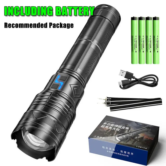Super Bright LED Flashlight Zoom Long Range Tactical Torch USB Rechargeable With Power Display Outdoor Camping Hiking Lantern-WAYBIKER