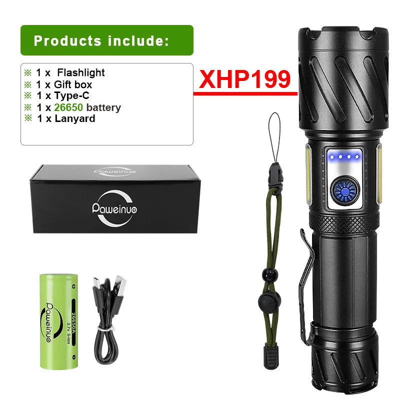 Newest XHP199 LED Powerful Flashlight USB Rechargeable Tactical Flash Light 18650 Hunting Torch Zoomable High Power LED Lantern-WAYBIKER