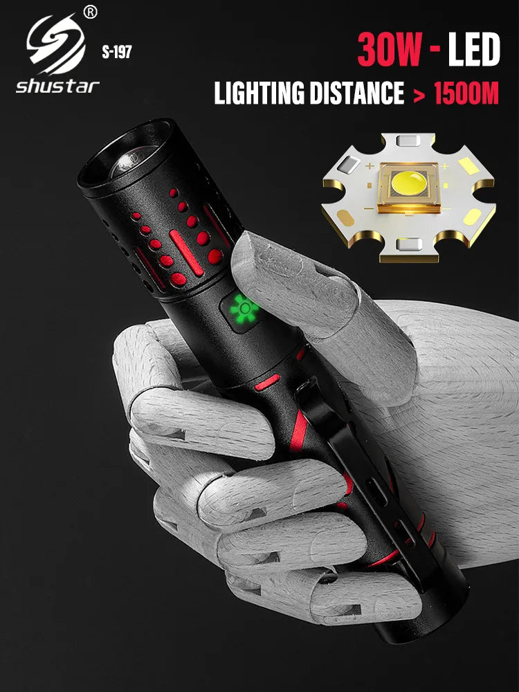 High-power LED Flashlight with 30W-LED Lamp Beads, Ultra-long Lighting Distance, Telescopic Zoom, Waterproof Aluminum Alloy Lamp-WAYBIKER