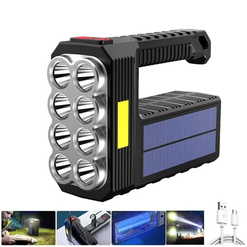 8LED Rechargeable Flashlight Solar Powered with COB Sidelight 4Mode Portable Waterproof For Outdoor Emergency-WAYBIKER