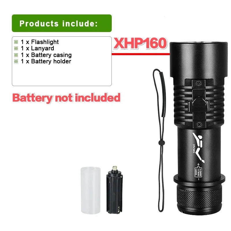 Professional Diving Flashlight Rechargeable XHP160 Diving Torch 1000m Underwater Lantern IPX8 Waterproof Flashlights-WAYBIKER
