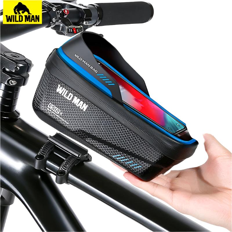 Wild Man Bicycle Bag Front Frame 1L Waterproof Cycling Front Tube Bag Phone Case Holder 6.8 Inch Touchscreen Bike Stem Bag-WAYBIKER