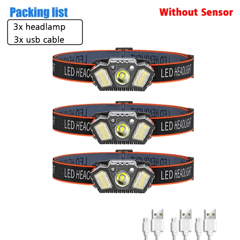Portable Headlamp with Wave Sensor 5 Modes XPE+COB LED Red Caution Light USB Rechargeable Head Lamp For Fishing Camping Hiking-WAYBIKER