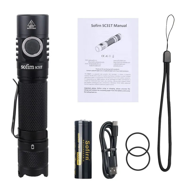 Sofirn SC31T 2000LM Tactical Flashlight USB C Rechargeable LED Torch 18650 Flashlight with Tail Switch-WAYBIKER