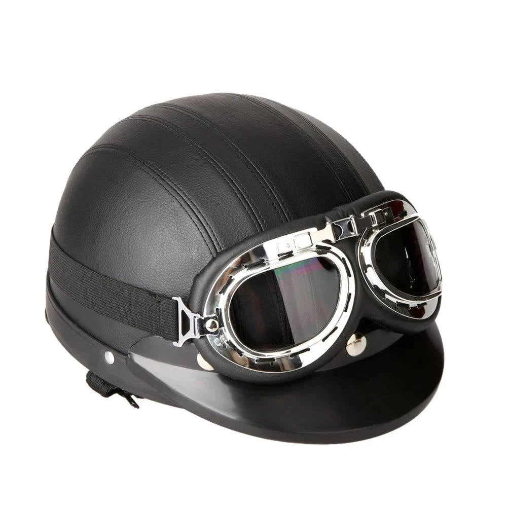 Motorcycle Scooter Open Face Half Leather Helmet with Visor UV Goggles Retro Vintage Style 54-60cm-WAYBIKER